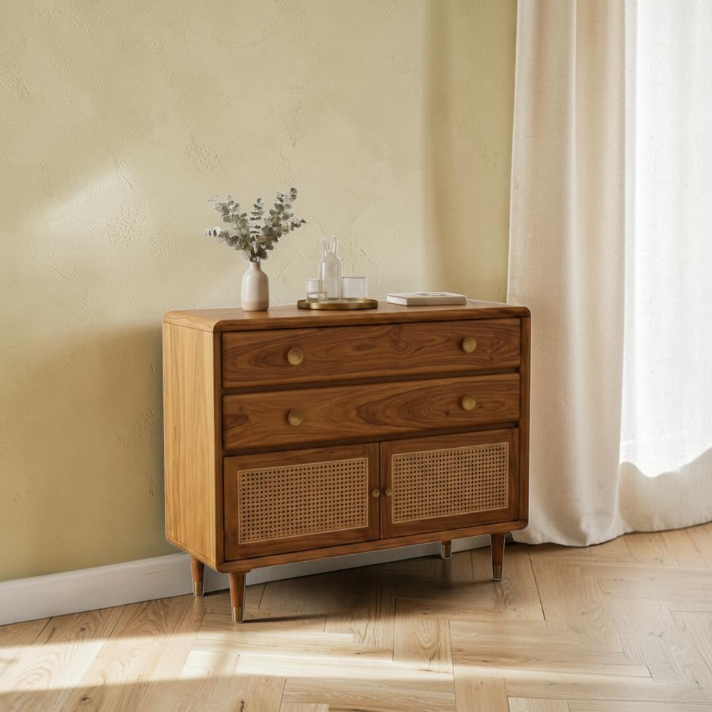Homecrest Meade solid Sheesham wood chest of drawers with honey finish, two drawers, and rattan cabinet doors.