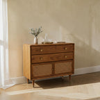 Homecrest Meade solid Sheesham wood chest of drawers with honey finish, two drawers, and rattan cabinet doors.