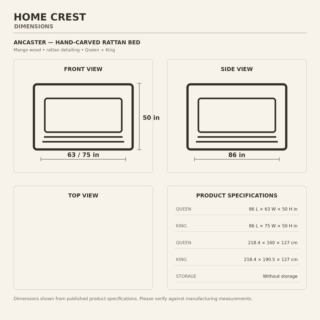 HomeCrest Ancaster bed dimensions — Queen 86 L × 63 W × 50 H in; King 86 L × 75 W × 50 H in