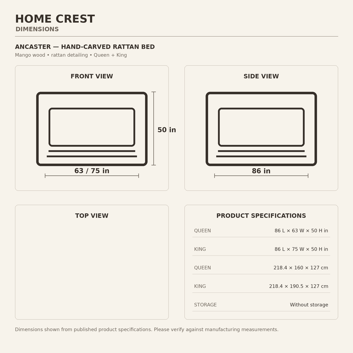 HomeCrest Ancaster bed dimensions — Queen 86 L × 63 W × 50 H in; King 86 L × 75 W × 50 H in