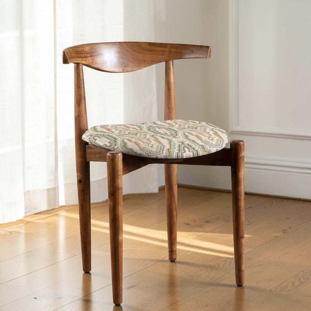 Homecrest Amberley mid-century dining chair made of natural teak wood with a patterned upholstered seat