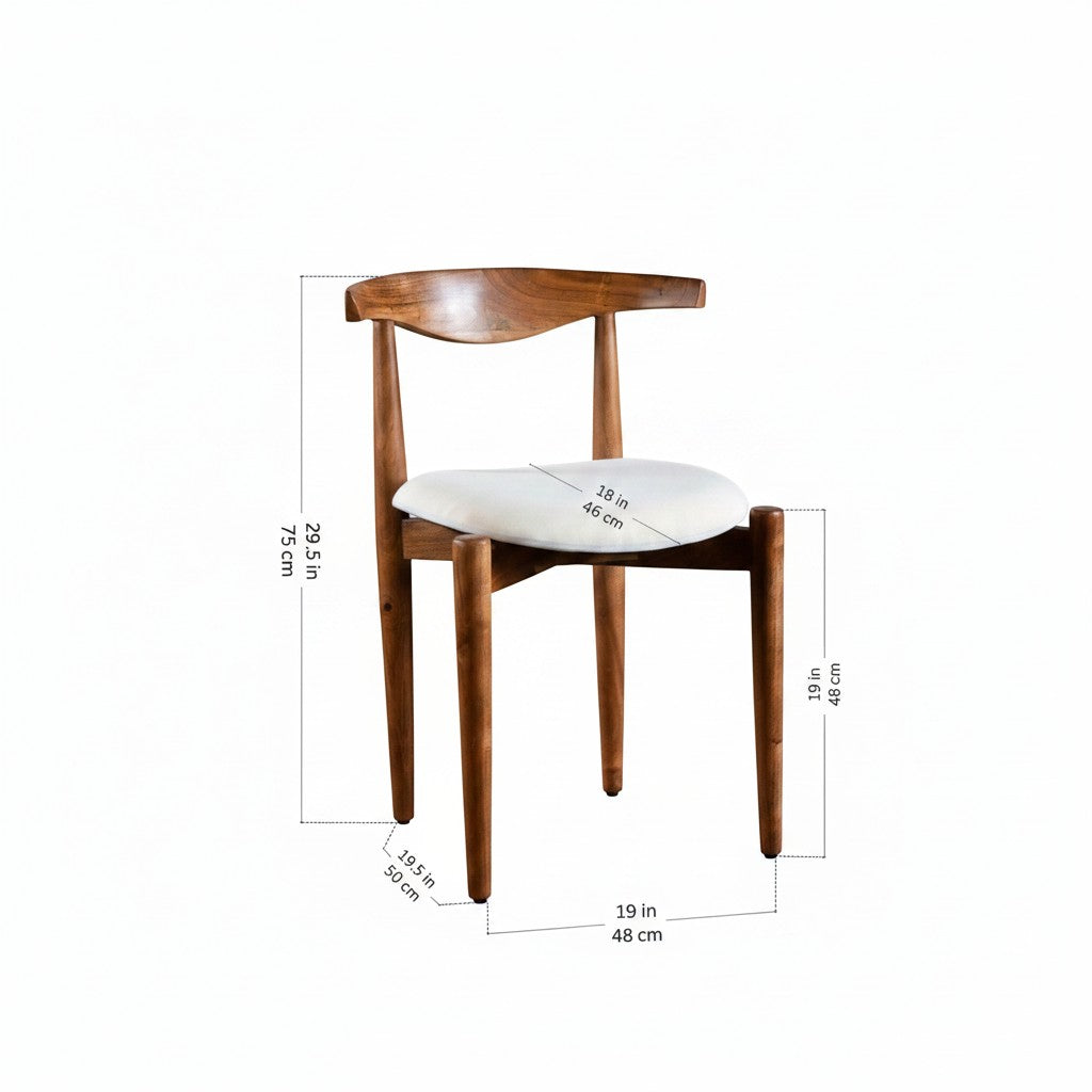Homecrest Amberley mid-century dining chair made of natural teak wood with a white upholstered seat and dimensions.