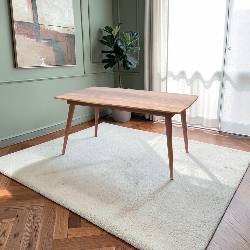 Homecrest Anders mid-century dining table in seasoned teak with a rectangular top and softly curved ends.