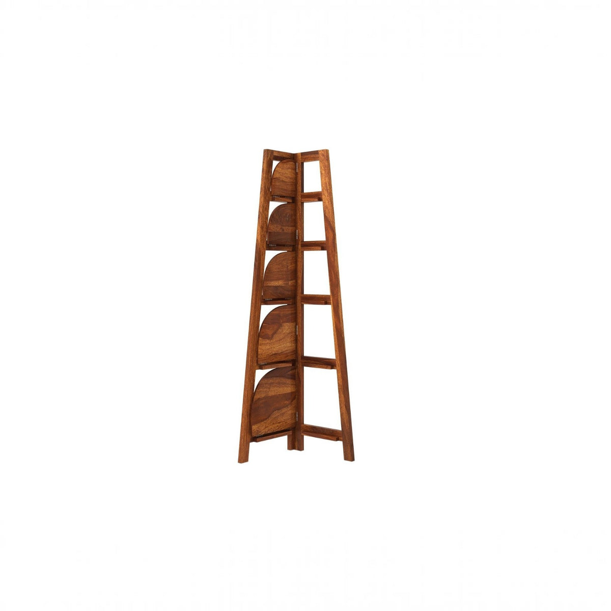 Homecrest Ashcombe solid sheesham wood corner bookshelf with open ledges and a natural wood grain finish