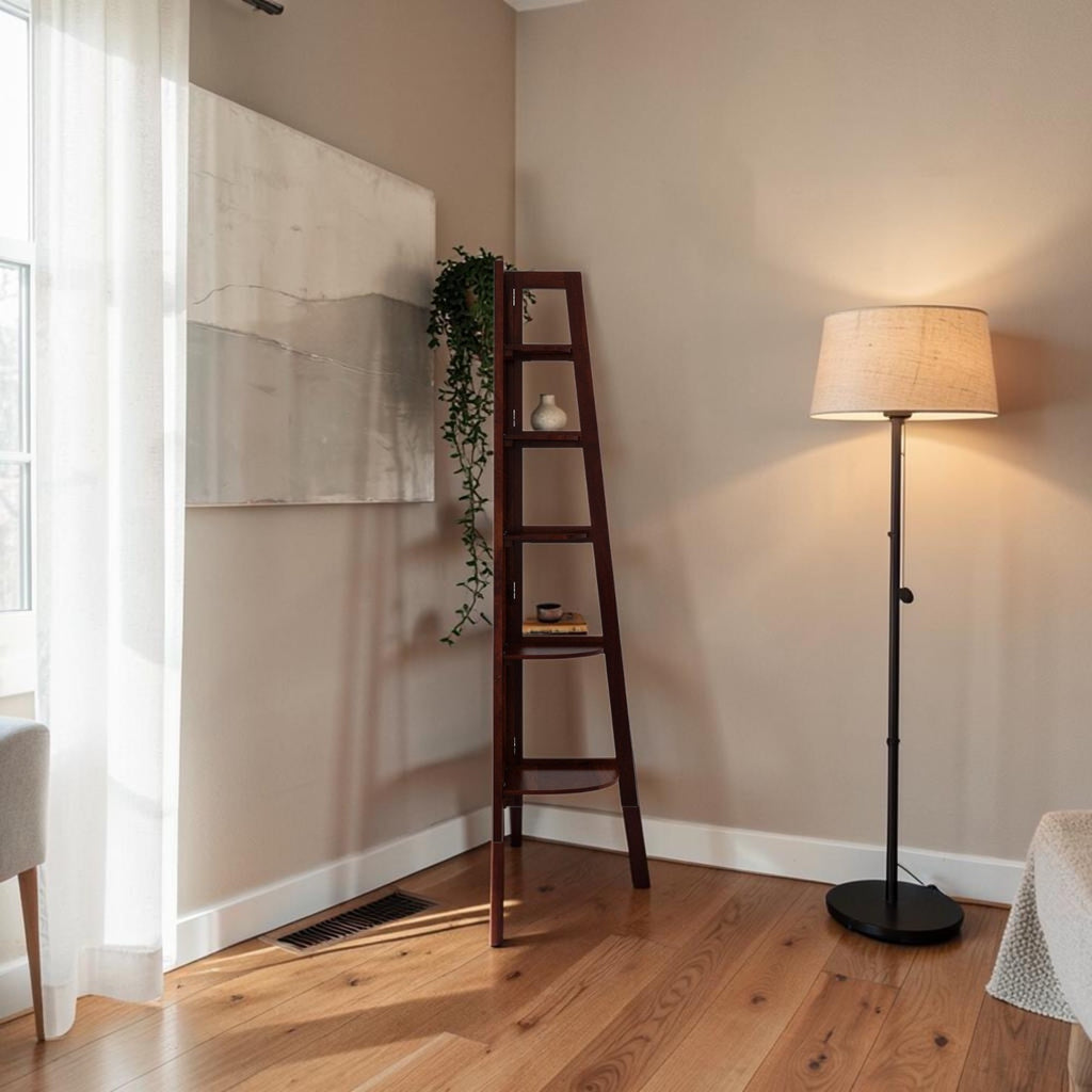 Homecrest Ashcombe corner bookshelf in dark sheesham wood with open ledges and two base drawers in a living room