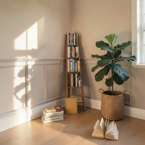 Homecrest Ashcombe solid sheesham wood corner bookshelf with open ledges and two drawers in a sunlit room