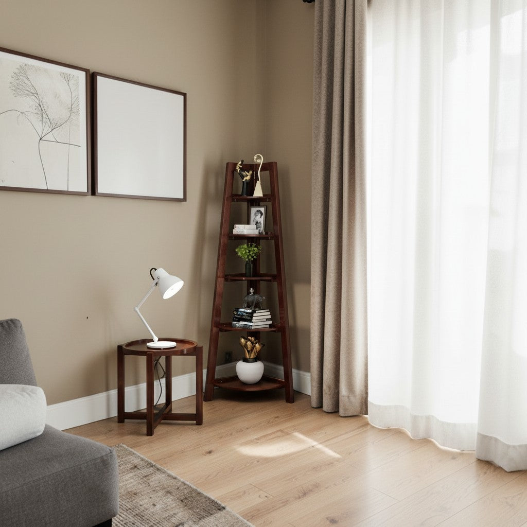 Homecrest Ashcombe corner bookshelf in solid sheesham wood with open shelves in a modern living room setting