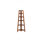 Homecrest Ashcombe corner bookshelf made of solid sheesham wood with a natural finish and five open storage ledges.