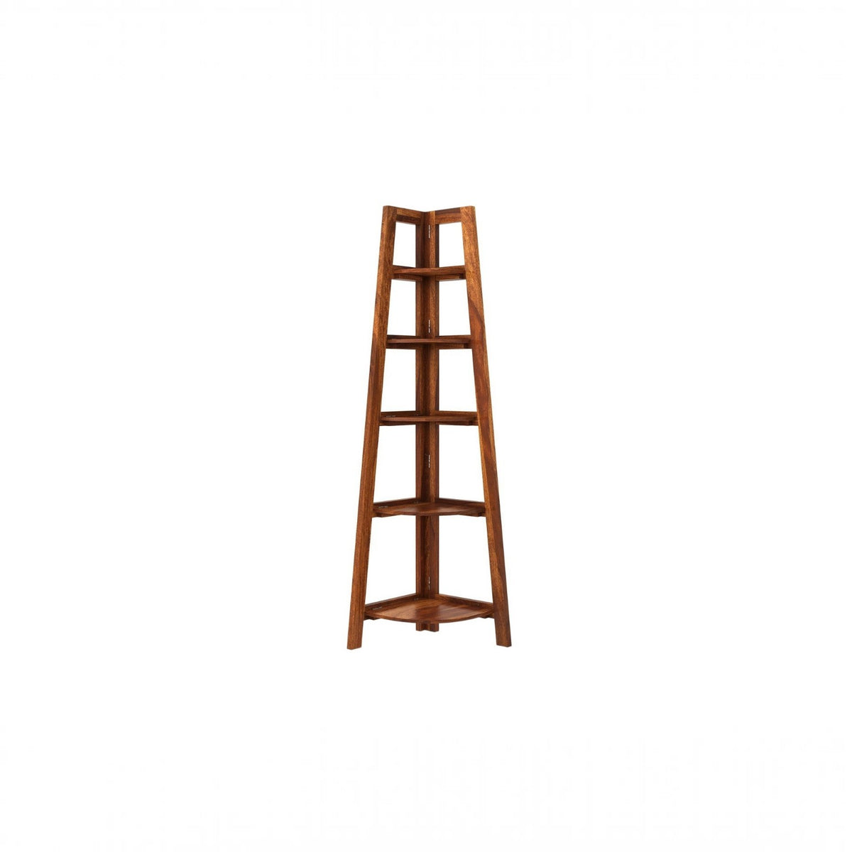 Homecrest Ashcombe corner bookshelf made of solid sheesham wood with a natural finish and five open storage ledges.