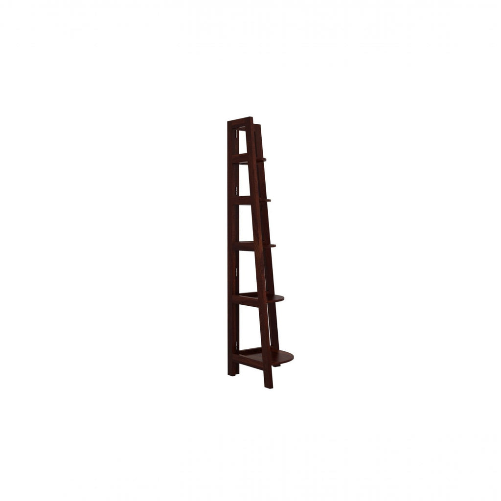 Homecrest Ashcombe tall ladder-style bookshelf in dark walnut sheesham wood with multiple open storage ledges