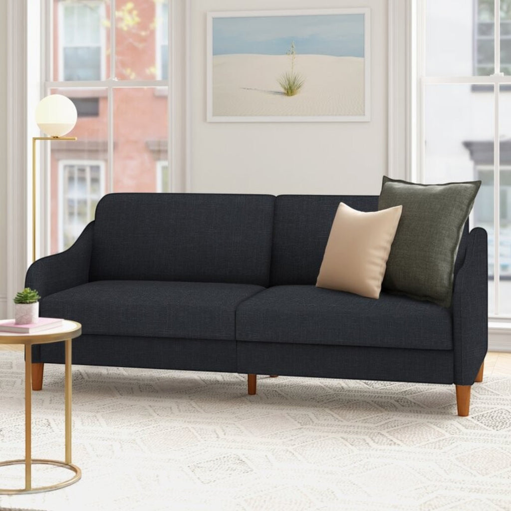 Homecrest Ashcroft dark grey three-seat sofa with rounded arms and polyester upholstery in a modern living room