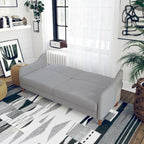 Homecrest Ashcroft light grey polyester sofa bed with rounded arms folded flat in a modern living room setting