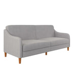Homecrest Ashcroft light grey three-seat sofa with rounded arms and wooden legs, converts into a flat bed.