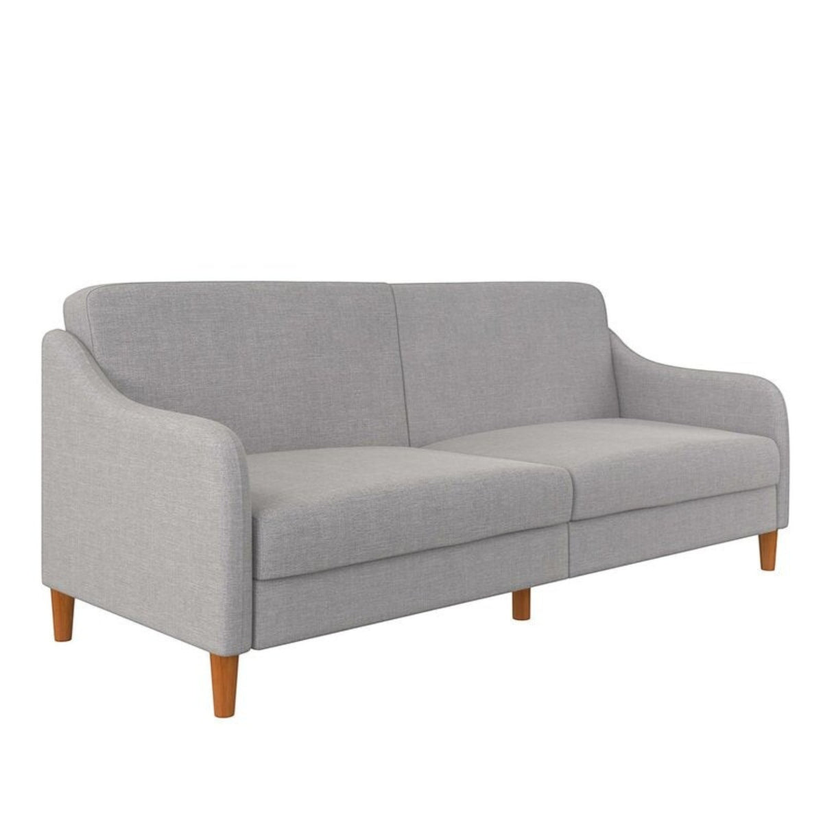 Homecrest Ashcroft light grey three-seat sofa with rounded arms and wooden legs, converts into a flat bed.