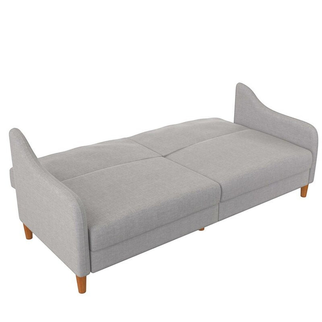 Homecrest Ashcroft light grey polyester three-seat sofa bed with rounded arms and solid wood legs in flat position