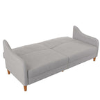 Homecrest Ashcroft light grey polyester three-seat sofa bed with rounded arms and solid wood legs in flat position