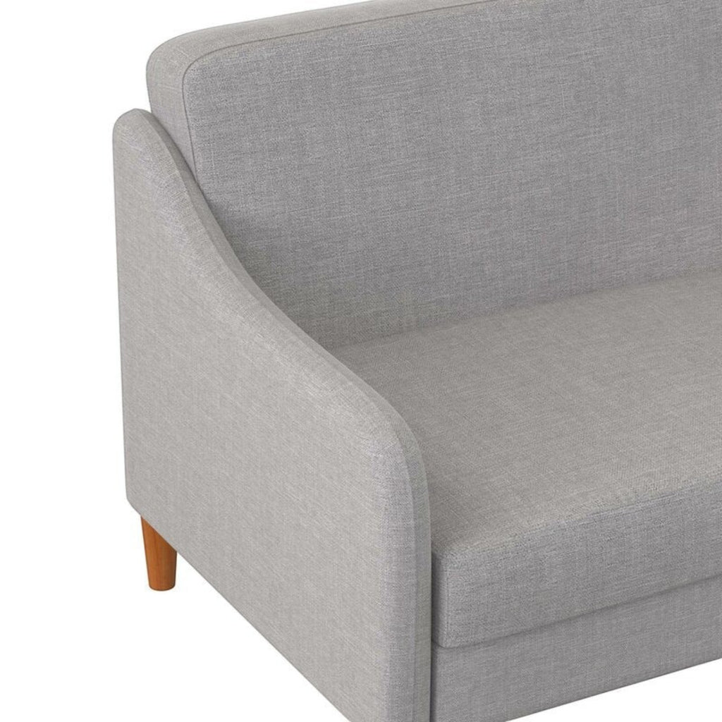 Homecrest Ashcroft light grey polyester three-seat sofa with rounded arms and solid wood legs