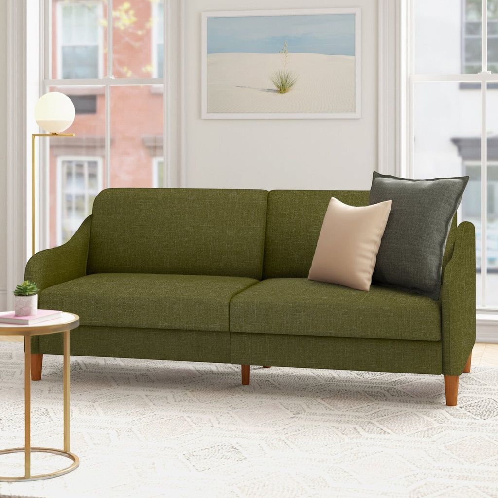 Homecrest Ashcroft olive green three-seat sofa with rounded arms and polyester fabric in a bright living room.
