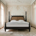 Homecrest Alverton black solid wood poster bed with handwoven natural cane rattan headboard in a classic bedroom