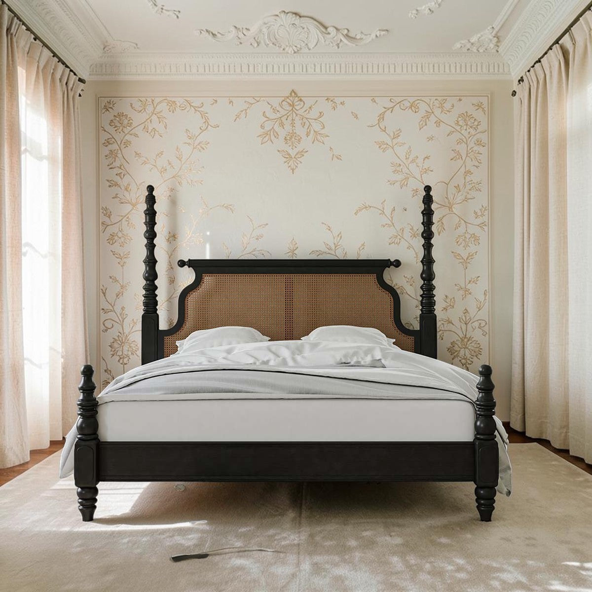 Homecrest Alverton black solid wood poster bed with handwoven natural cane rattan headboard in a classic bedroom