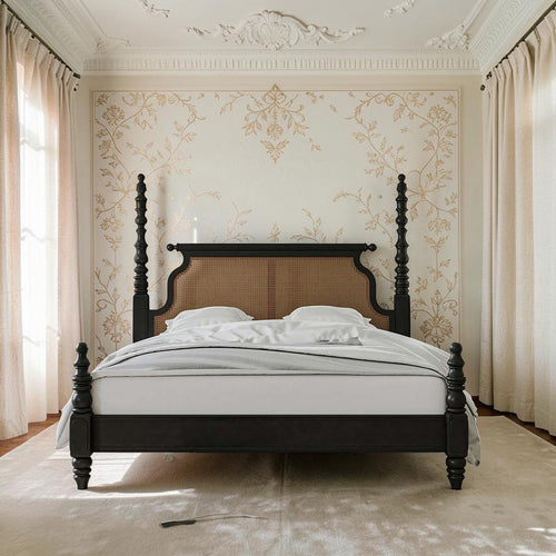 Homecrest Alverton black solid wood poster bed with handwoven natural cane rattan headboard in a classic bedroom