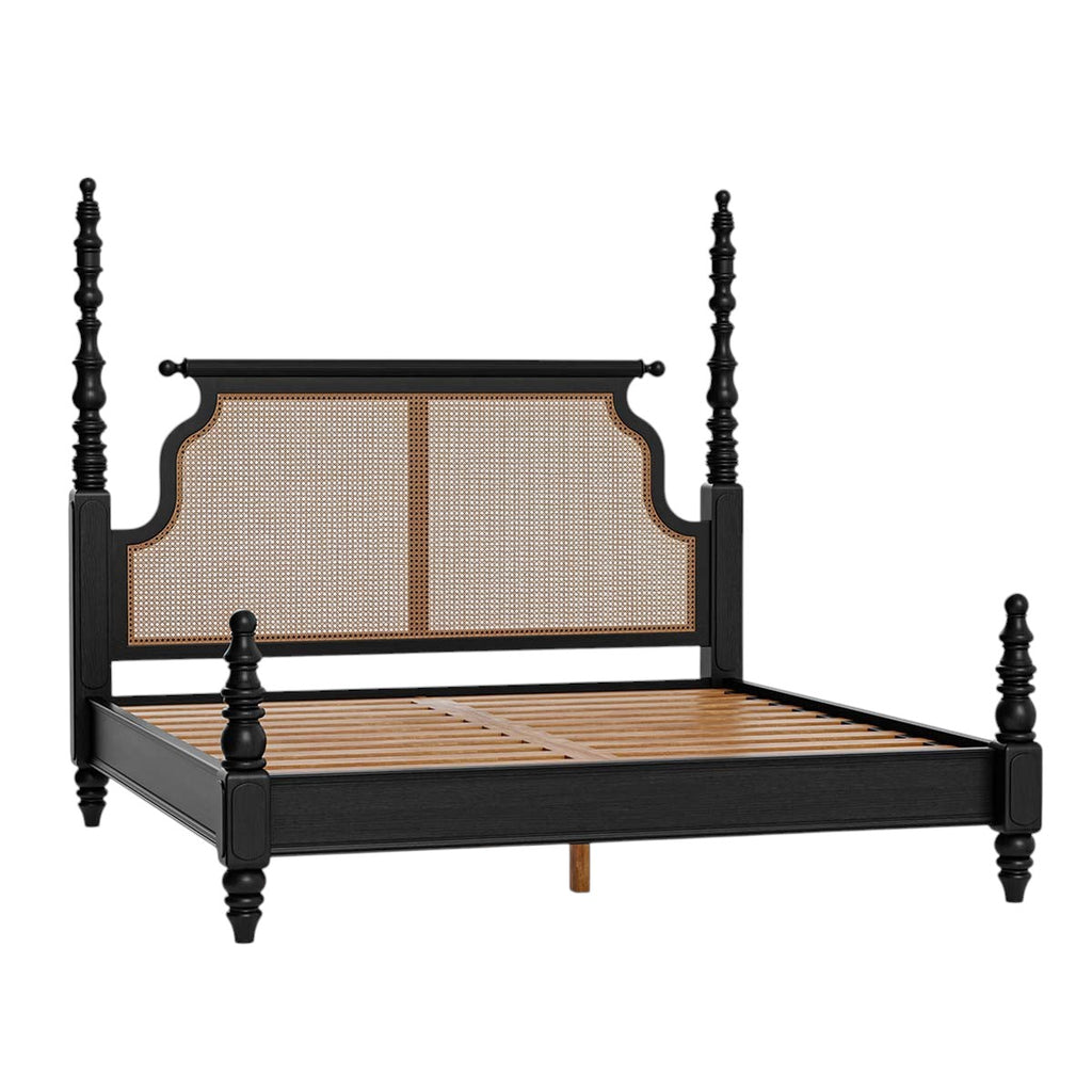 Homecrest Alverton black solid wood poster bed with a natural cane rattan headboard and turned post details.