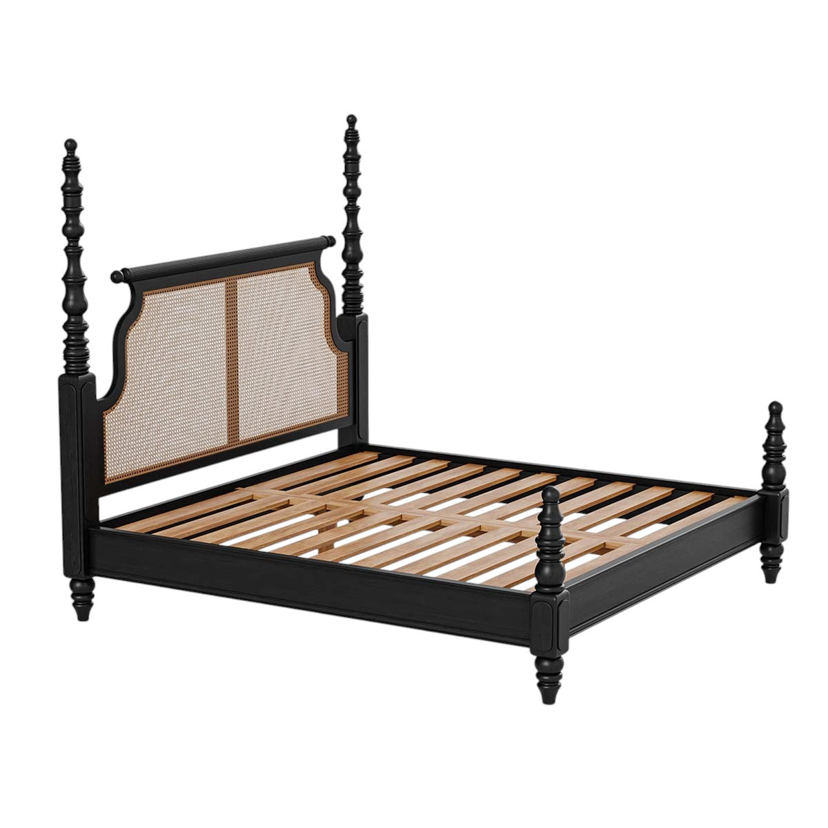 Homecrest Alverton black solid wood poster bed featuring a handwoven natural cane rattan headboard and slatted base