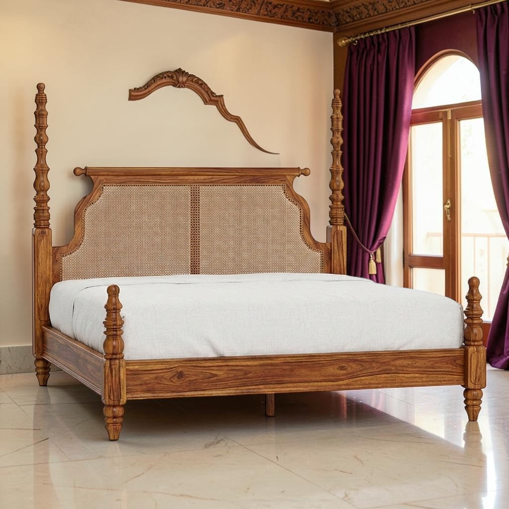 Homecrest Alverton poster bed in natural solid Sheesham wood with handwoven cane rattan headboard panels