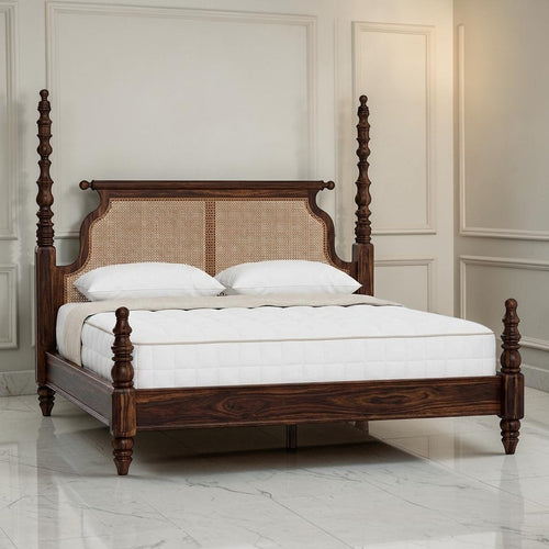 Homecrest Alverton poster bed in dark walnut solid Sheesham wood with a handwoven natural cane rattan headboard.