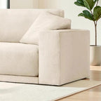 Homecrest Avebury three-seater sofa in off-white poly linen fabric with a clean modern boxy armrest design
