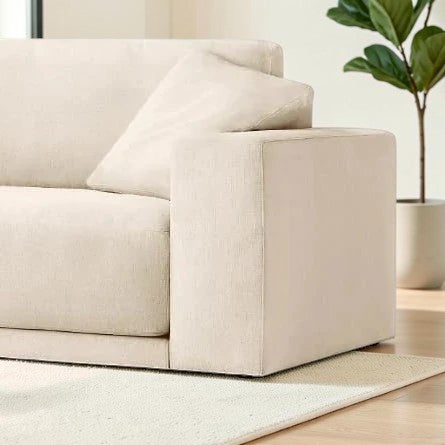 Homecrest Avebury three-seater sofa in off-white poly linen fabric with a clean modern boxy armrest design