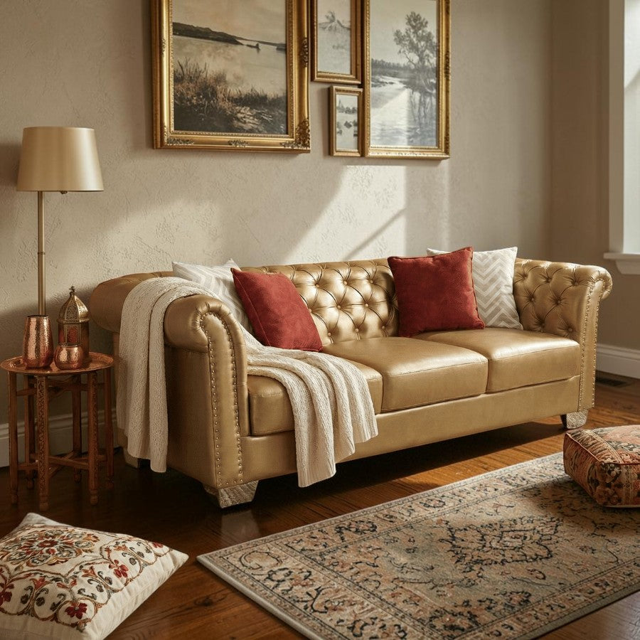 Homecrest Aurumite sofa in gold upholstery with deep button-tufting, rolled arms, and nailhead trim in a living room.