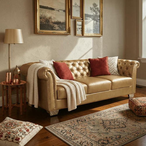Homecrest Aurumite sofa in gold upholstery with deep button-tufting, rolled arms, and nailhead trim in a living room.