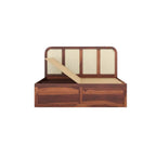 Homecrest Loreto storage bed in brown Sheesham wood with a cane-paneled headboard and open storage compartment
