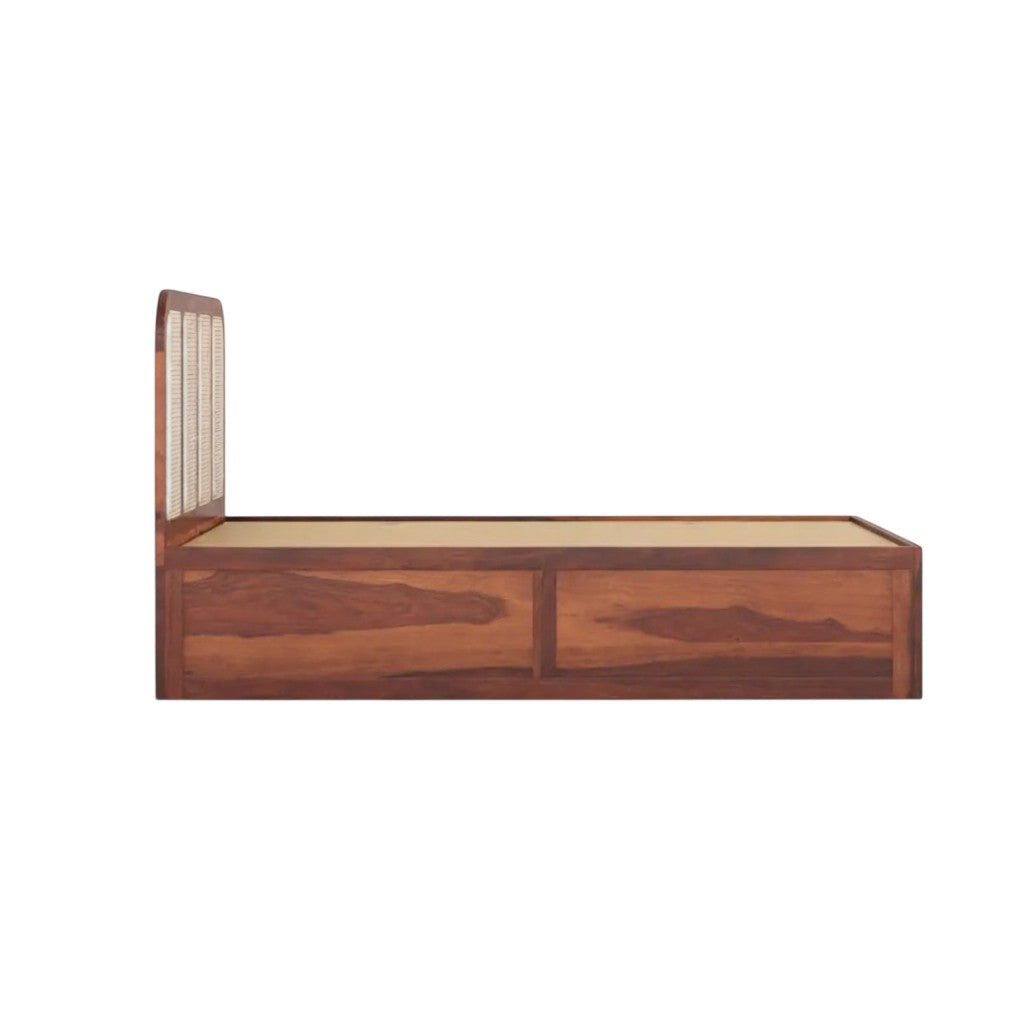 Homecrest Loreto storage bed in brown Sheesham wood with a cane headboard, shown from a side profile view.