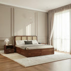 Homecrest Loreto storage bed in brown Sheesham wood with a curved rattan headboard in a modern bedroom setting.