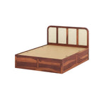 Homecrest Loreto storage bed in brown Sheesham wood with a curved headboard featuring four light-colored cane panels.