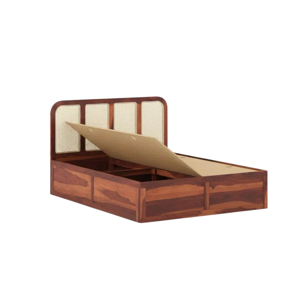 Homecrest Loreto storage bed in dark brown sheesham wood with a lift-up platform and woven cane headboard panels