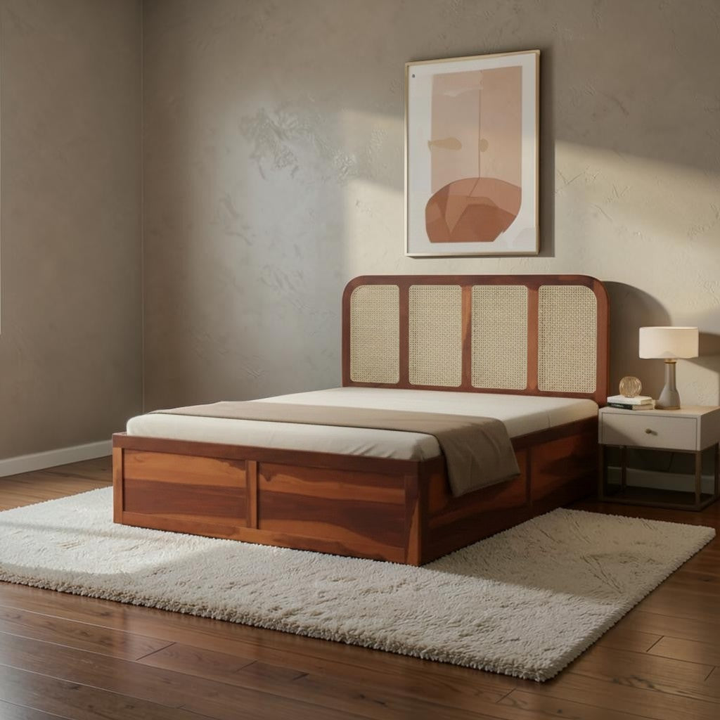 Homecrest Loreto box storage bed in rich brown Sheesham wood with a natural cane headboard in a modern bedroom.