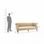 Homecrest Baslow three-seater Chesterfield sofa in beige velvet with tufted back, rolled arms, and nailhead trim.