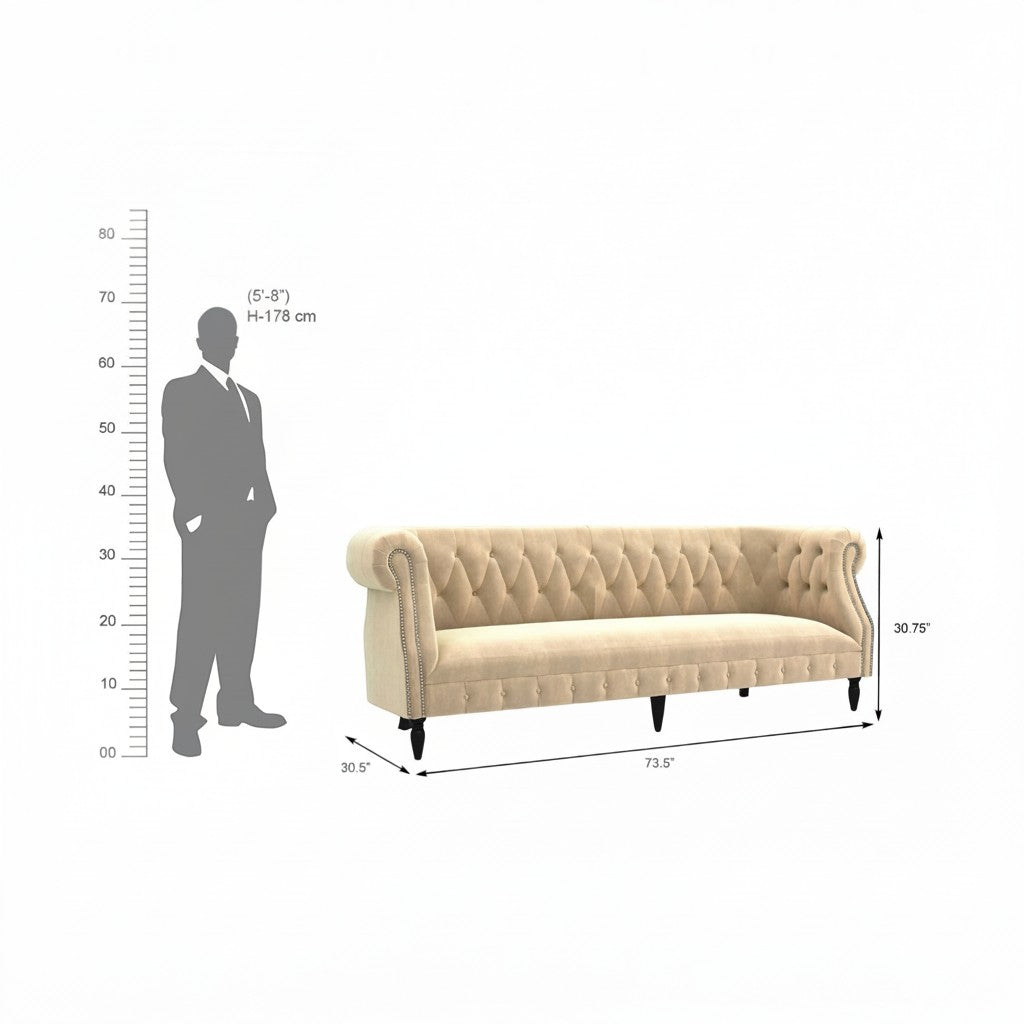 Homecrest Baslow three-seater Chesterfield sofa in beige velvet with tufted back, rolled arms, and nailhead trim.