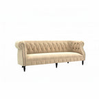 Homecrest Baslow Chesterfield sofa in beige velvet with button tufting, rolled arms, and nailhead trim.