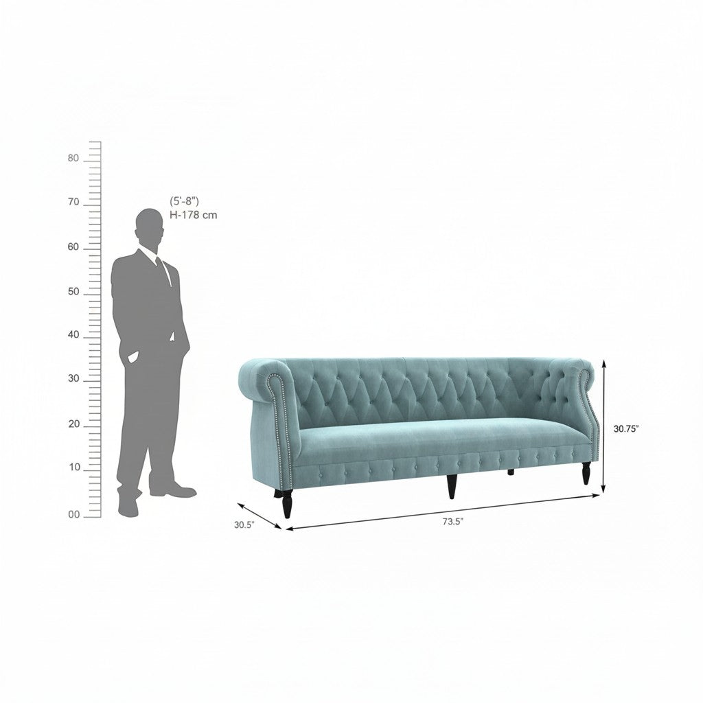 Homecrest Baslow Chesterfield sofa in dusk blue velvet with tufted back and nailhead trim, shown with dimension scale.