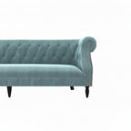 Homecrest Baslow Chesterfield sofa in dusk blue velvet with button tufting, rolled arms, and silver nailhead trim.