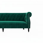 Homecrest Baslow Chesterfield sofa in emerald green velvet with button tufting and silver nailhead trim on armrest