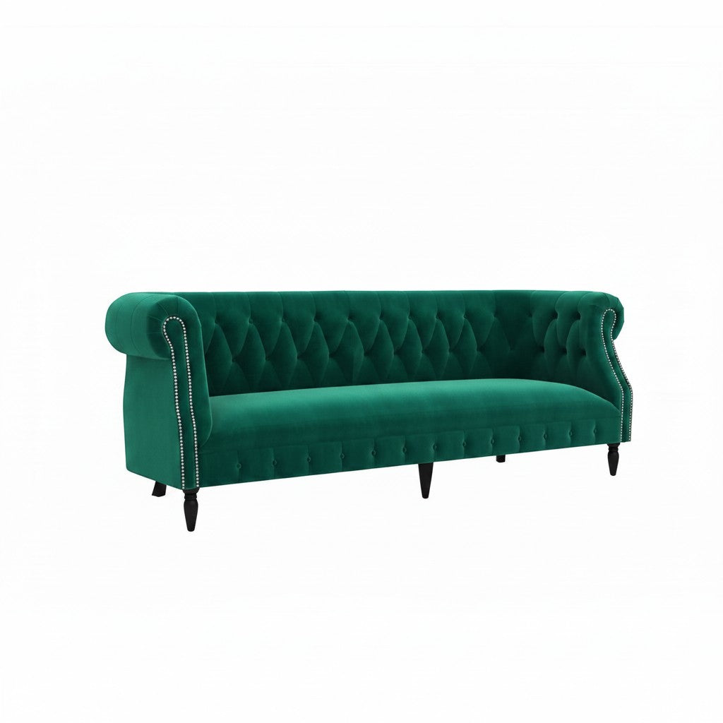 Homecrest Baslow emerald green velvet Chesterfield sofa with tufted back and silver nailhead trim on rolled arms