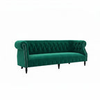 Homecrest Baslow emerald green velvet Chesterfield sofa with tufted back and silver nailhead trim on rolled arms