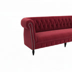 Homecrest Baslow Chesterfield sofa in pomegranate red velvet with button tufting and silver nailhead trim