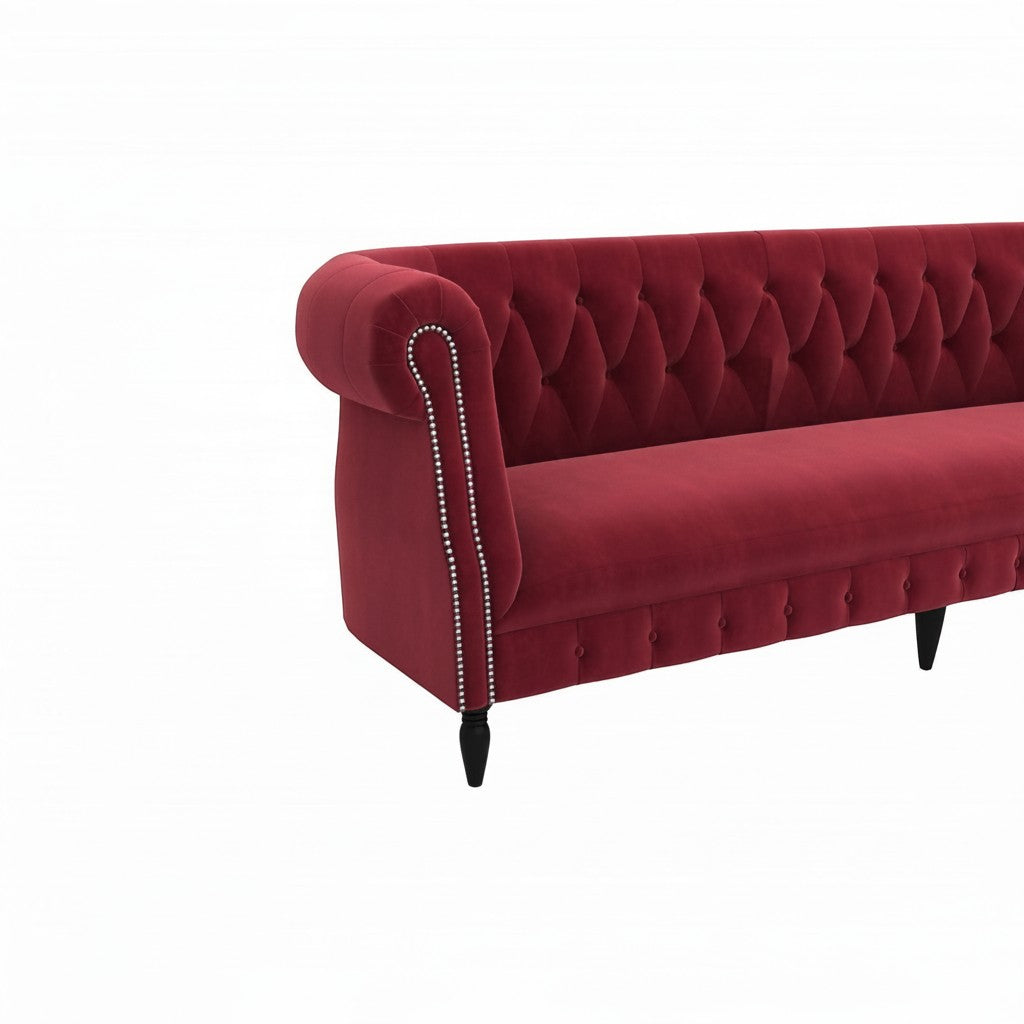 Homecrest Baslow Chesterfield sofa in pomegranate red velvet with button tufting and silver nailhead trim