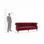 Homecrest Baslow Chesterfield sofa in pomegranate velvet with tufted back and nailhead trim, shown with scale guide.